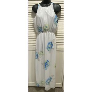 Old Navy Floral Chiffon‎ Maxi Dress Keyhole Button White Blue Size XS